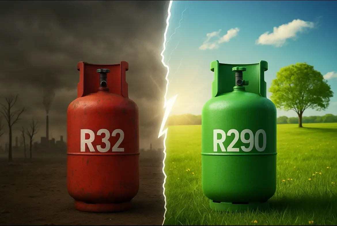 R32 Gasflasche vor zerstörter Stadt, R290 Gasflasche vor grüner Landschaft