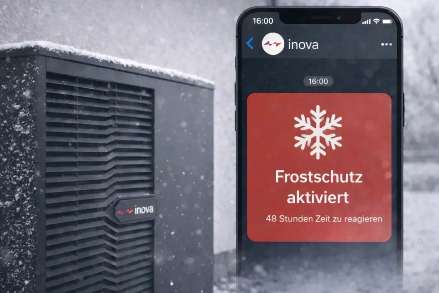 inova mit Frostschutzmeldung auf Smartphone